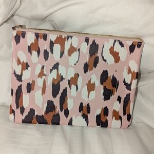 Ann Taylor Factory Pink Leopard Print Zip Clutch / Makeup Bag